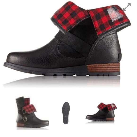SorelMajor Moto Boot, Black, Buffalo Plaid Liner #NL2432-010 Sz. 7.5